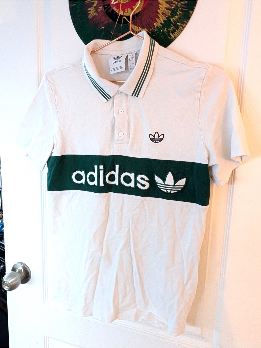 adidas White Polo Shirt with Dark Green Chest Stripe